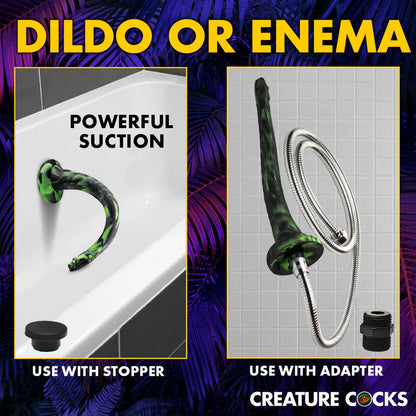Two images side-by-side. One shows the dildo attached to a bathtub and the other shows the Creature Cocks Spitting Serpent attached to a hose. Text reads: Dildo or enema. Use with stopper for the dildo. Use with adapter for enemas. | Kinkly Shop
