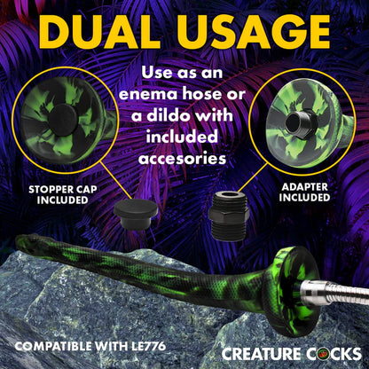 Dildo shown with a stopper cap and adapter. Both can be used with the dildo's base. Text on the image reads: Dual usage. Use as an enema hose or a dildo with included accessories. Stopper cap and adapter included. | Kinkly Shop