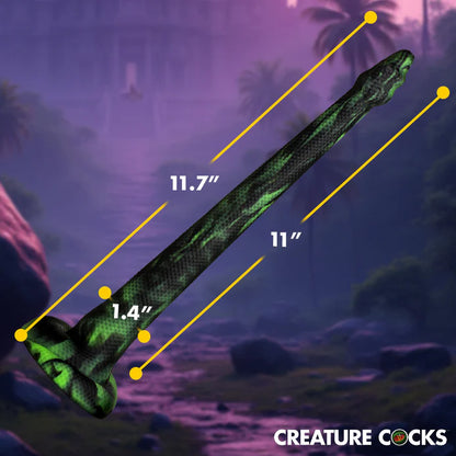 The Creature Cocks Spitting Serpent with measurements superimposed on top of it. All measurements can be found within the product text description. | Kinkly Shop