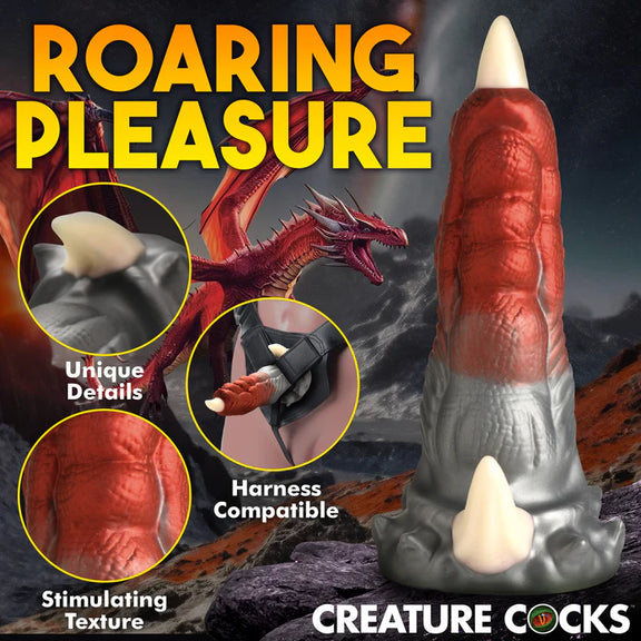 Collage of images showcasing the various features of the Creature Cocks Talon. This includes the unique details, the harness compatibility, and the stimulating texture. | Kinkly Shop