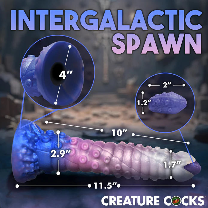 The Creature Cocks Tenta-Queen Ovipositor shown with measurements superimposed on top of it. All measurements can be found within the product text description. | Kinkly Shop