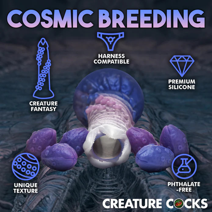 The Creature Cocks Tenta-Queen Ovipositor surrounded by text and icons showcasing its features including: creature fantasy, Unique texture, Harness compatible, Premium silicone, Phthalate-free. | Kinkly Shop