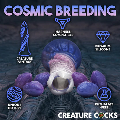 The Creature Cocks Tenta-Queen Ovipositor surrounded by text and icons showcasing its features including: creature fantasy, Unique texture, Harness compatible, Premium silicone, Phthalate-free. | Kinkly Shop