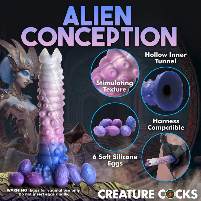 Collage of images showcasing the features of the Creature Cocks Tenta-Queen Ovipositor. Text includes: Stimulating texture, Hollow inner tunnel, 6 soft silicone eggs, Harness compatible, Eggs for vaginal use only. | Kinkly Shop