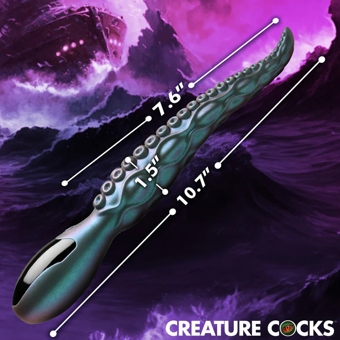The Creature Cocks Tentavibe with measurements superimposed over top of it. All measurements are included in text via the product text description. | Kinkly Shop