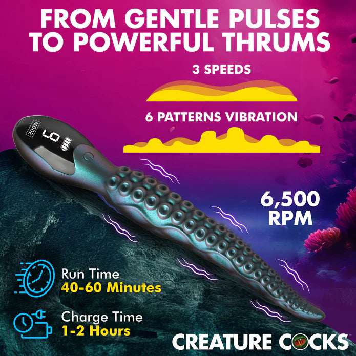 Information-heavy image shows the Creature Cocks Tentavibe in the middle. Text on the image reads: From gentle pulses to powerful thrums. 3 vibration speeds. 6 patterns of vibration. 6,500 RPM. Run time: 40-60 minutes. Charge time, 2 hours. | Kinkly Shop