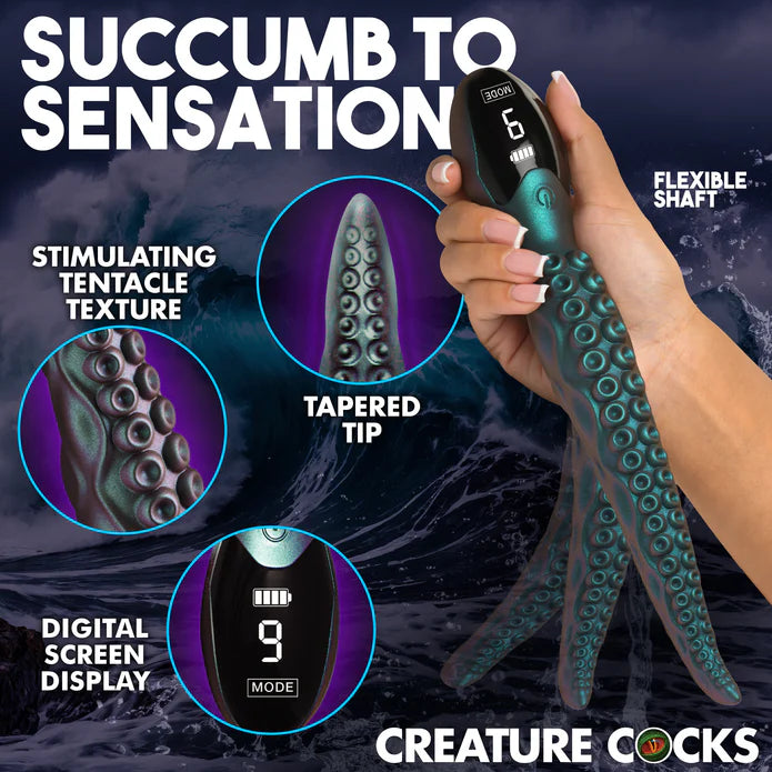 A hand holds the Creature Cocks Tentavibe, wiggling it, with superimposed images showing how wiggly the tip of the vibrator is. Other text on the image includes: Succumb to sensation. Stimulating tentacle texture. Tapered tip. Digital screen display. | Kinkly Shop