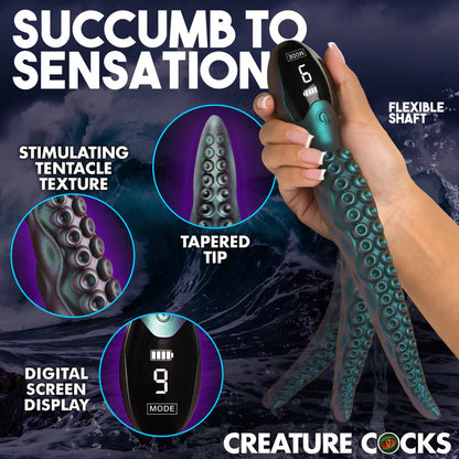A hand holds the Creature Cocks Tentavibe, wiggling it, with superimposed images showing how wiggly the tip of the vibrator is. Other text on the image includes: Succumb to sensation. Stimulating tentacle texture. Tapered tip. Digital screen display. | Kinkly Shop