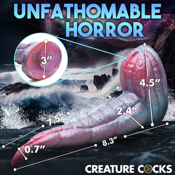The Creature Cocks Tentacle with measurements superimposed over the image. All measurements can be found within the product text description. | Kinkly Shop