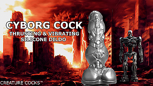 GIF showcases the Creature Cocks Cyborg Thrusting thrusting. The tip of the shaft thrusts up and down, powered by a motor at the base of the shaft that pushes the dildo's tip upwards. | Kinkly Shop