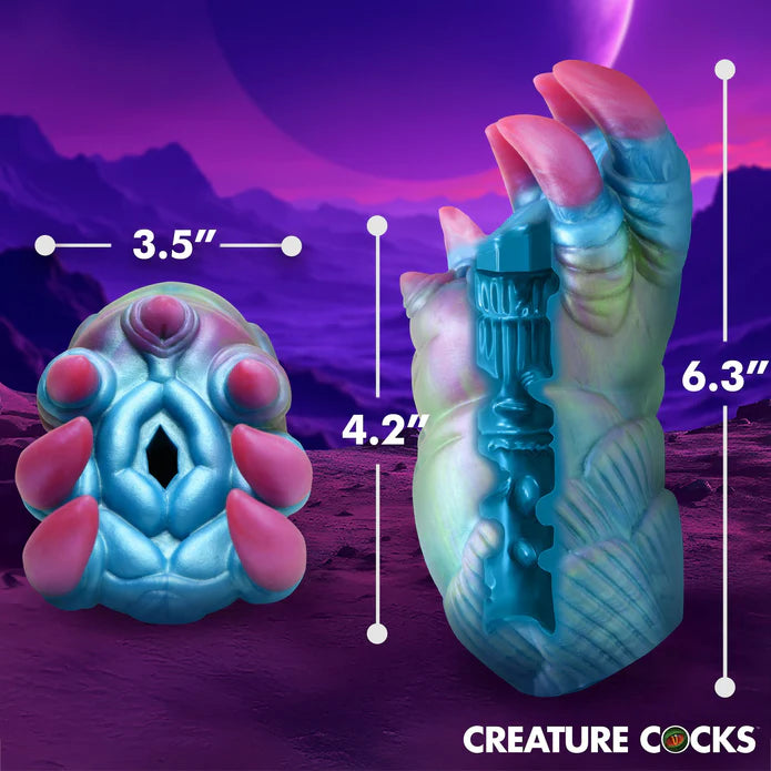 The Creature Cocks Ursa shown with all of the measurements of the stroker next to it. All product measurements are included within the product description. | Kinkly Shop