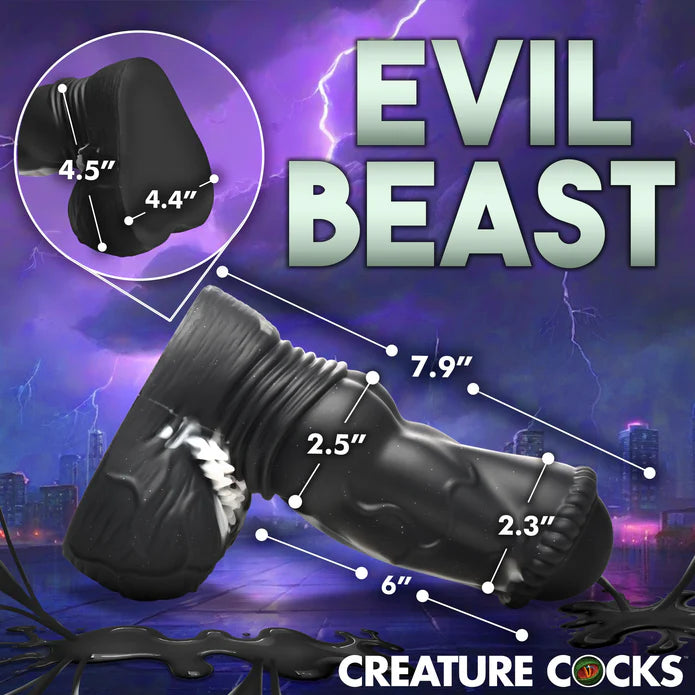 The Creature Cocks Venom shown with measurements superimposed on top of it. All measurements are all included within the text of the product description. | Kinkly Shop