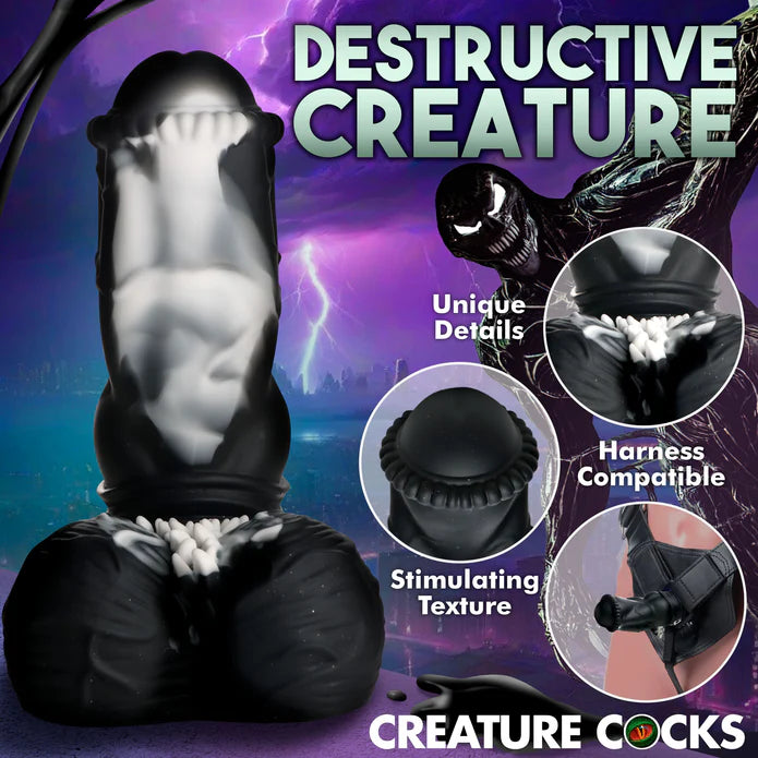 Collage of images showcase features of the Creature Cocks Venom including the unique details, stimulating texture, and harness compatibility. | Kinkly Shop