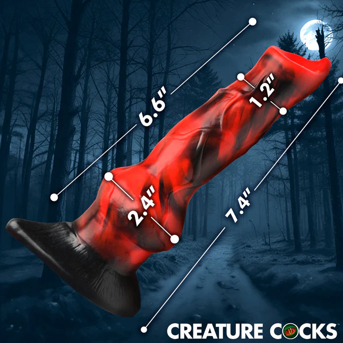 Image of the Creature Cocks Vibra Beast with measured superimposed overtop of it. All measurements can be found within the product text descriptions. | Kinkly Shop