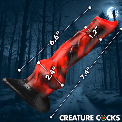Image of the Creature Cocks Vibra Beast with measured superimposed overtop of it. All measurements can be found within the product text descriptions. | Kinkly Shop