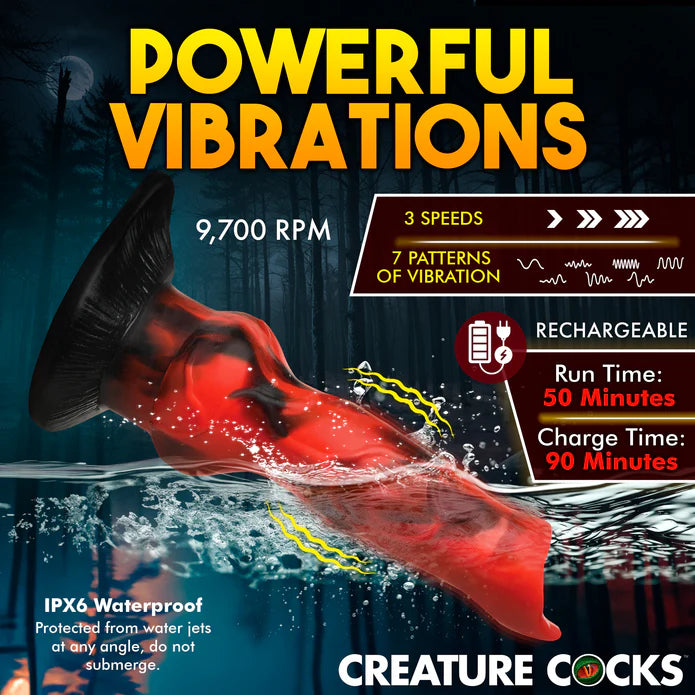 Informational image about the Creature Cocks Vibra Beast. Text reads: "Powerful vibrations. 9,700 RPM. 3 vibration speeds. 7 patterns of vibration. IPX6 waterproof. Protected from water jets but do not submerge. Rechargeable. Run Time: 50 minutes. Charge Time: 90 minutes" | KInkly Shop