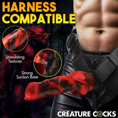 Collage of images showcasing the Creature Cocks Vibra Beast's stimulating textures, harness compatibility, and strong suction cup base. | Kinkly Shop