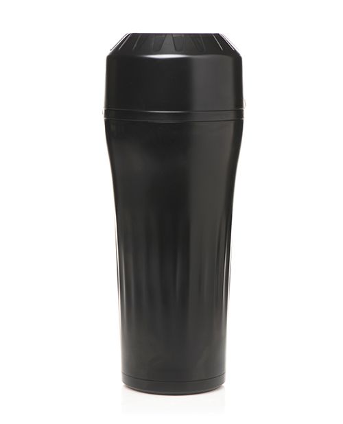 Side view of the black plastic case of the Creature Cocks Wormhole Alien. The lid of the stroker is on. It looks entirely black with nothing stroker-like about it when it's fully encased. | Kinkly Shop