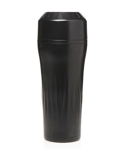 Side view of the black plastic case of the Creature Cocks Wormhole Alien. The lid of the stroker is on. It looks entirely black with nothing stroker-like about it when it's fully encased. | Kinkly Shop