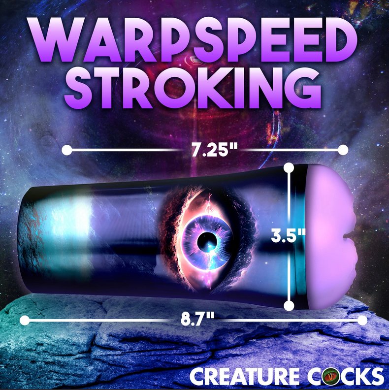 A side view of the Creature Cocks Wormhole Alien with measurements superimposed over the stroker. All of the measurements can be found within the text of the product description. | Kinkly Shop