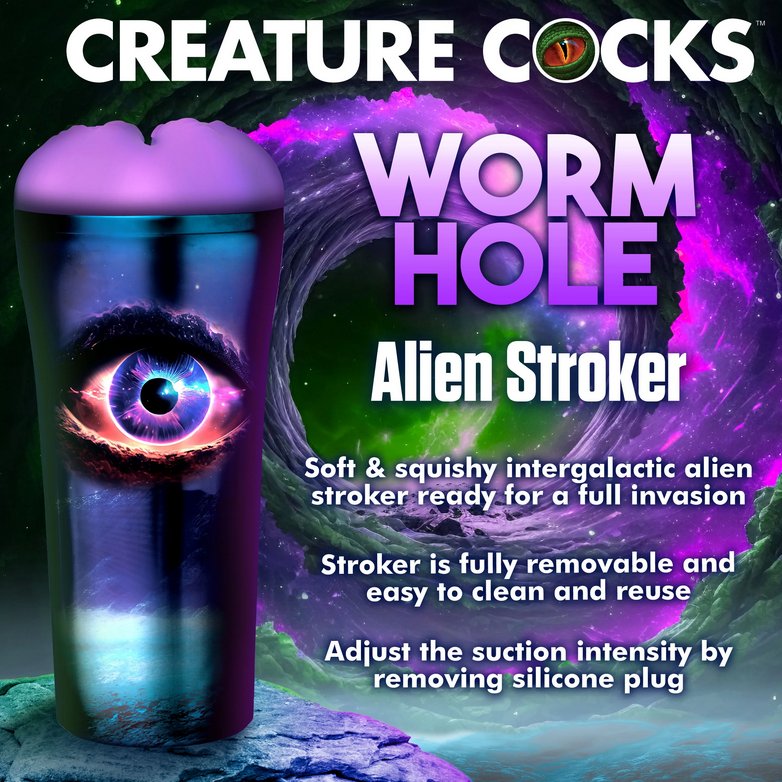 The Creature Cocks Wormhole Alien in front of a galaxy style background with lots of text on the image. Text on the image includes: Worm hole alien stroker. Soft and squishy intergalactic alien stroker ready for a full invasion. Stroker is fully removable and easy to clean and reuse. Adjust the suction intensity by removing the silicone plug." | Kinkly Shop