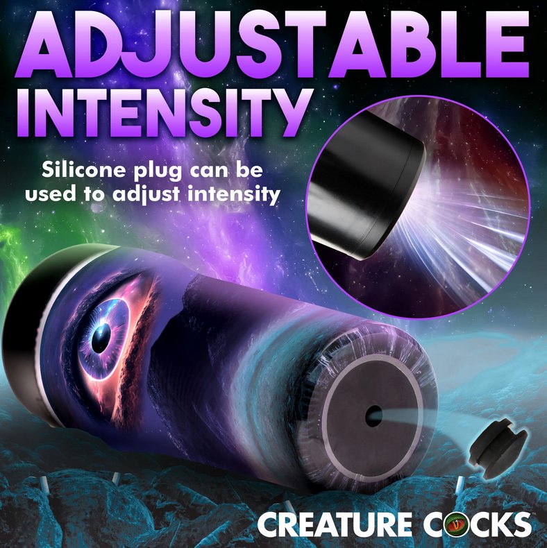 The bottom of the Creature Cocks Wormhole Alien shown pointing towards the camera. The suction plug is shown popped out from the base of the stroker, showcasing how the suction control plug works. Text on the image reads: "Adjustable intensity. Silicone plug can be used to adjust intensity." | Kinkly Shop