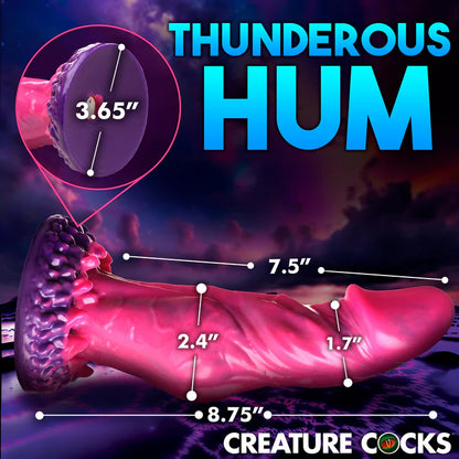 Creature Cocks Xenox Vibrating Remote-Controlled Dildo shown with measurements superimposed on top of it. All measurements are included within the product text description itself. | Kinkly Shop