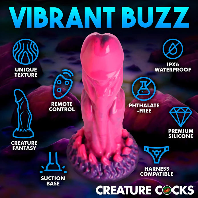 Image of the Creature Cocks Xenox Vibrating Remote-Controlled Dildo with a list of features surrounding it. Text on the image reads: "Unique texture. Remote control. Creature fantasy. Suction base. IPX6 waterproof. Phthalate-free. Premium silicone. Harness compatible." | Kinkly Shop