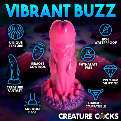 Image of the Creature Cocks Xenox Vibrating Remote-Controlled Dildo with a list of features surrounding it. Text on the image reads: "Unique texture. Remote control. Creature fantasy. Suction base. IPX6 waterproof. Phthalate-free. Premium silicone. Harness compatible." | Kinkly Shop