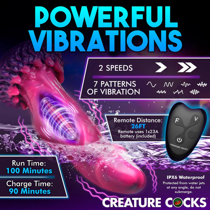 Detail-heavy image showcases the vibrating motor at the base of the shaft of the Creature Cocks Xenox Vibrating Remote-Controlled Dildo. Other text includes: Powerful vibrations. 2 vibration speeds. 7 vibration patterns. 26 foot remote control distance. Remote uses 1x23A battery (included). Run time: 100 minutes. Charge time: 90 minutes. IPX6 waterproof. Do not submerge. | Kinkly Shop