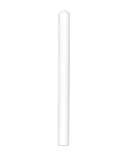 The Cutie Pies Dry Stick up against a white background. It almost blends in entirely. It looks like a plain white cylinder with a rounded tip on one side. | Kinkly Shop