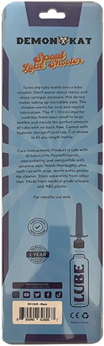 Backside of the packaging for the Demon Kat Spout Lube Shooter | Kinkly Shop