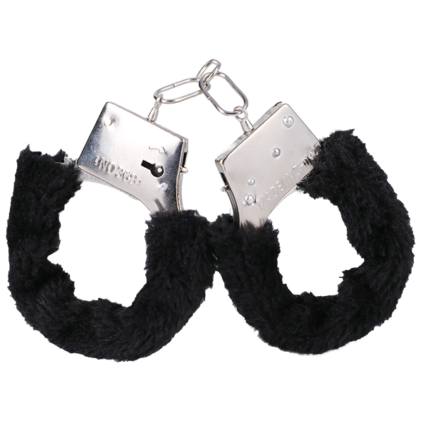 The In A Bag Furry Handcuffs shown in front of a plain white background. They look like plain metal handcuffs with light faux material wrapped around the cuffs. | Kinkly Shop