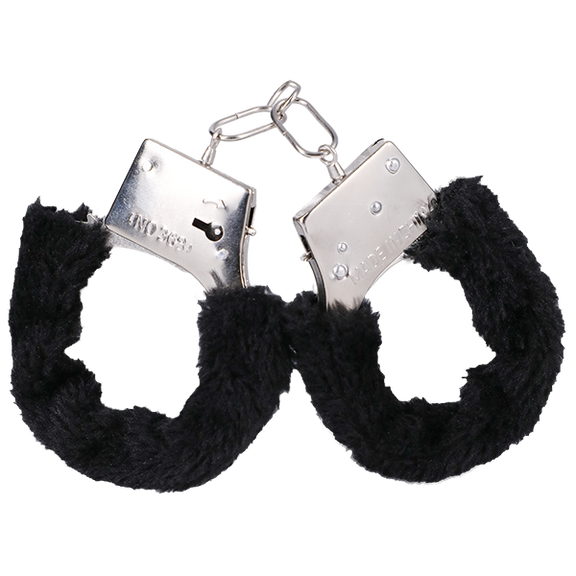 The In A Bag Furry Handcuffs shown in front of a plain white background. They look like plain metal handcuffs with light faux material wrapped around the cuffs. | Kinkly Shop