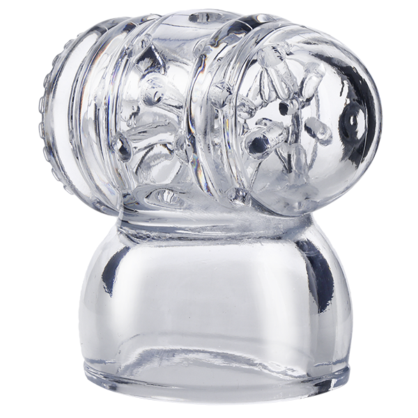 A close-up on the close-ended side of the Merci Cock Teaser Wand Attachment showcasing the powerful suction on the inside of the stroker. | Kinkly