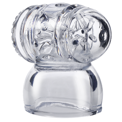 A close-up on the close-ended side of the Merci Cock Teaser Wand Attachment showcasing the powerful suction on the inside of the stroker. | Kinkly