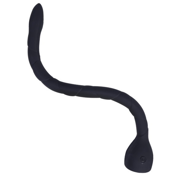 The S-shape of the Merci In Deep. This showcases how flexible the dildo's length is for anal depth training. | Kinkly