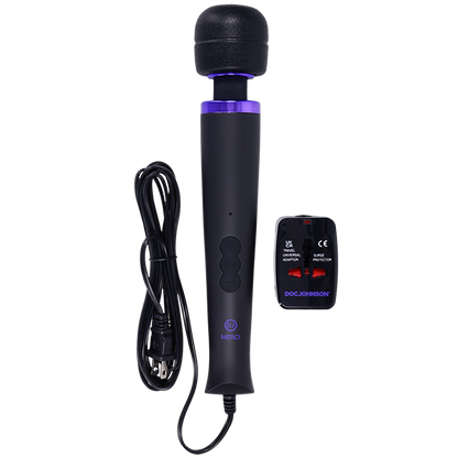 The Merci Power Wand shown in front of a plain white background. It's shown next to the power cord (that's attached) as well as the travel adapter that's included. | Kinkly