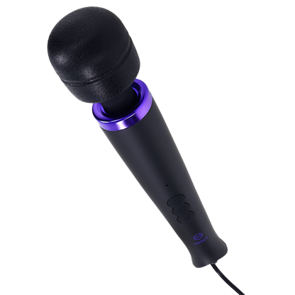Top-down view of the Merci Power Wand showcases the large head of the wand that leads into a smooth, plastic handle with three buttons on it. | Kinkly