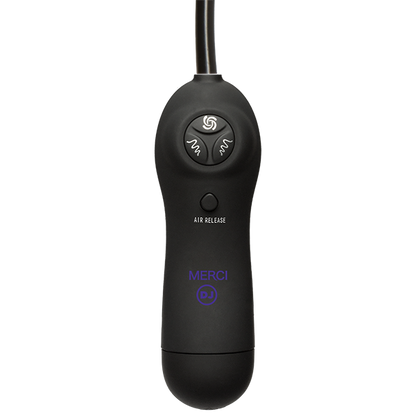 Close-up on the remote that controls the vibrations and suction on the Merci Swell Auto Vibrating Sucker Cups. There's a dedicated button for each of the two vibrating motors as well as the air suction motor. There's also a dedicated button for releasing the air. | Kinkly