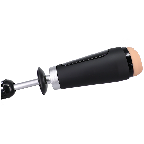 The Main Squeeze Adapter for Power Banger shown attached to the bottom of the stroker and a sex machine, connecting the stroker to a sex machine. | Kinkly Shop