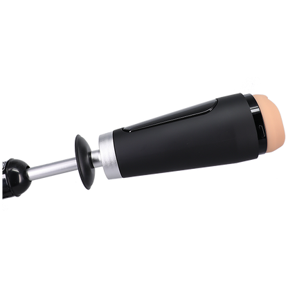 The Main Squeeze Adapter for Power Banger shown attached to the bottom of the stroker and a sex machine, connecting the stroker to a sex machine. | Kinkly Shop