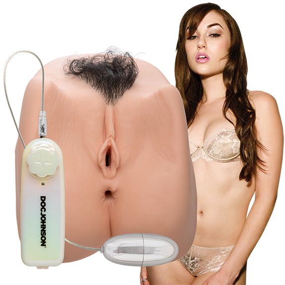 Sasha Grey in lingerie is staring seductively at the camera. The Sasha Grey Vibrating Deep Penetration toy is shown next to the porn star. | Kinkly Shop