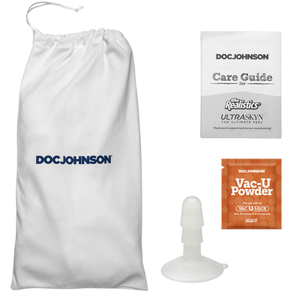 Everything that comes with the Signature Cocks - Brickzilla dildo. There's the storage bag, the care guide, a Vac-U-Lock suction cup accessory, and a sample size of the powder. | Kinkly Shop