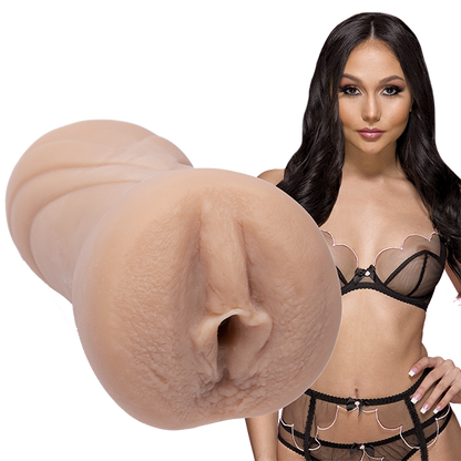 Ariana shown next to the Signature Strokers - Ariana Marie. The entrance of the stroker is molded directly after Ariana's own vulva. | Kinkly Shop