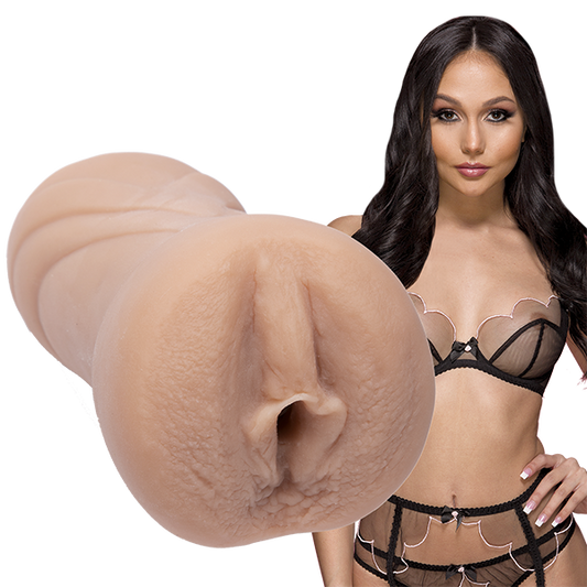 Ariana shown next to the Signature Strokers - Ariana Marie. The entrance of the stroker is molded directly after Ariana's own vulva. | Kinkly Shop