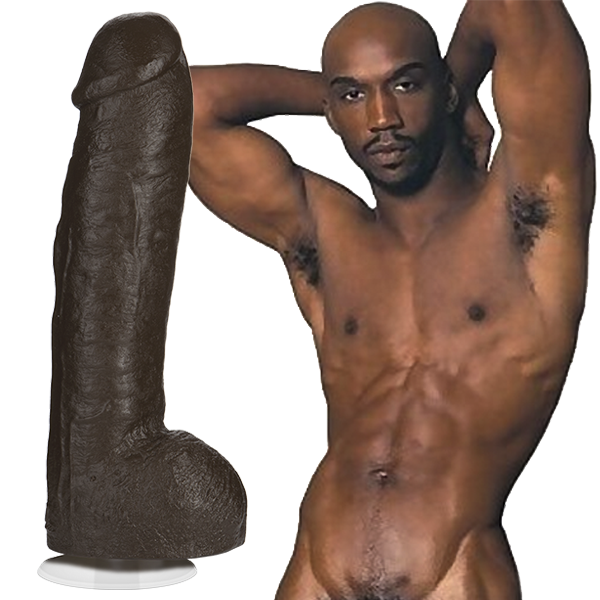 Bam is naked and looking into the camera. The Signature Cocks PVC - Bam dildo is shown next to Bam, a direct replica of the porn star's shaft. | Kinkly Shop