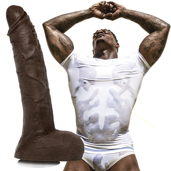 Jason Luv is wearing a wet white shirt and white briefs. Most things are visible. The Signature Cocks - Jason Luv dildo is shown next to the porn star. | Kinkly Shop