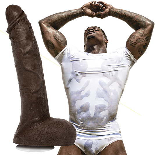 Jason Luv is wearing a wet white shirt and white briefs. Most things are visible. The Signature Cocks - Jason Luv dildo is shown next to the porn star. | Kinkly Shop