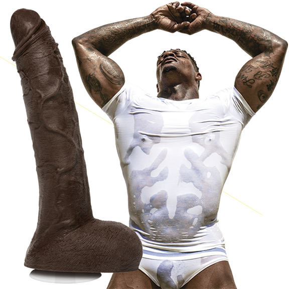 Jason Luv is wearing a wet white shirt and white briefs. Most things are visible. The Signature Cocks - Jason Luv dildo is shown next to the porn star. | Kinkly Shop